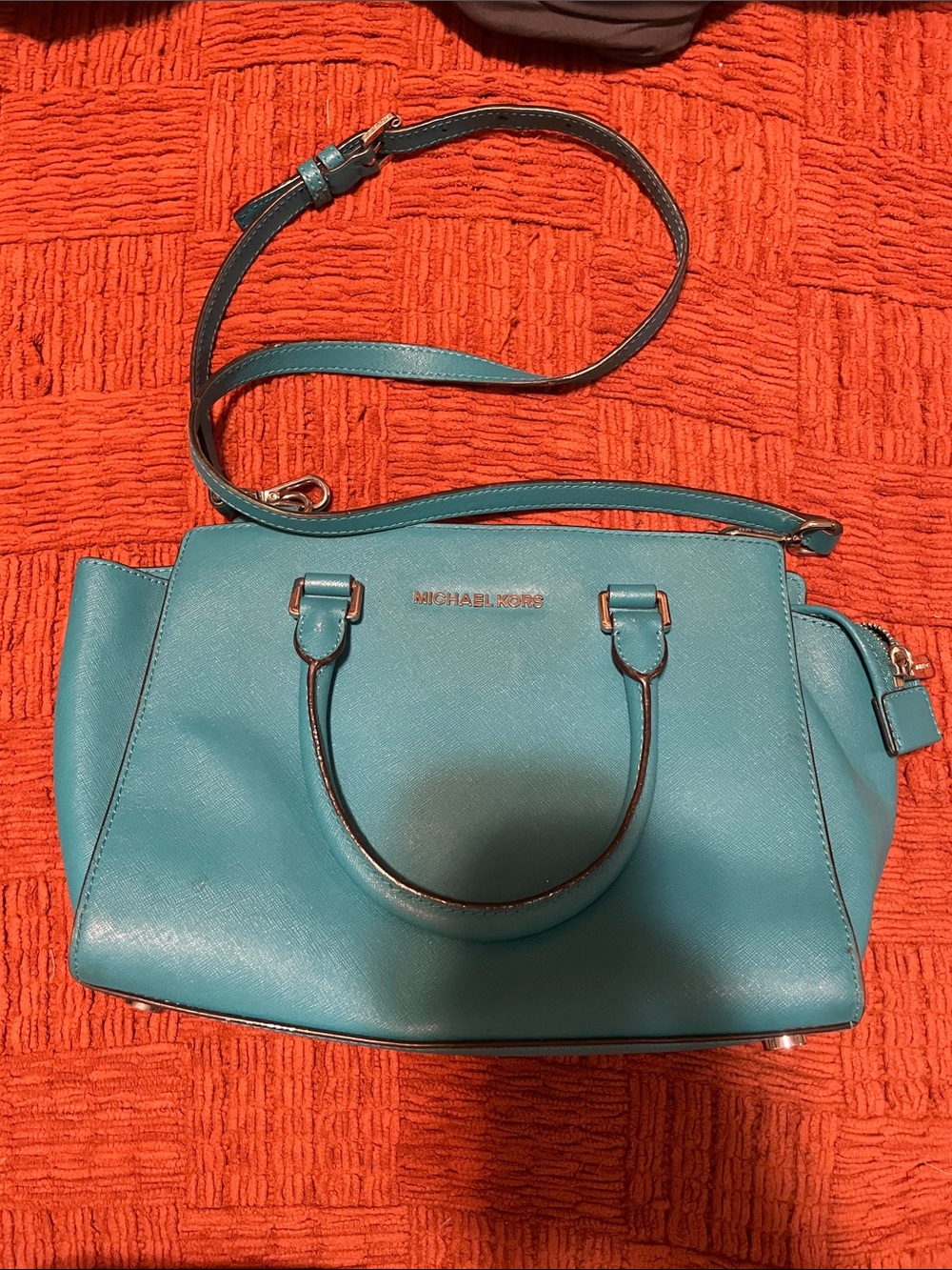 Michael Kors Selma Teal Leather Saffiano Satchel with Shoulder Strap